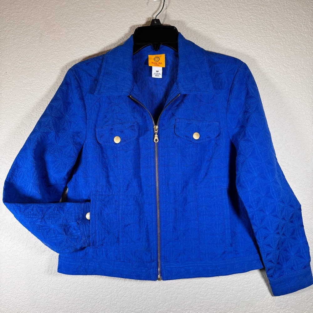 Ruby Rd. Womens Jean Jacket Style Jacket Size 10P Royal Blue Embossed Print